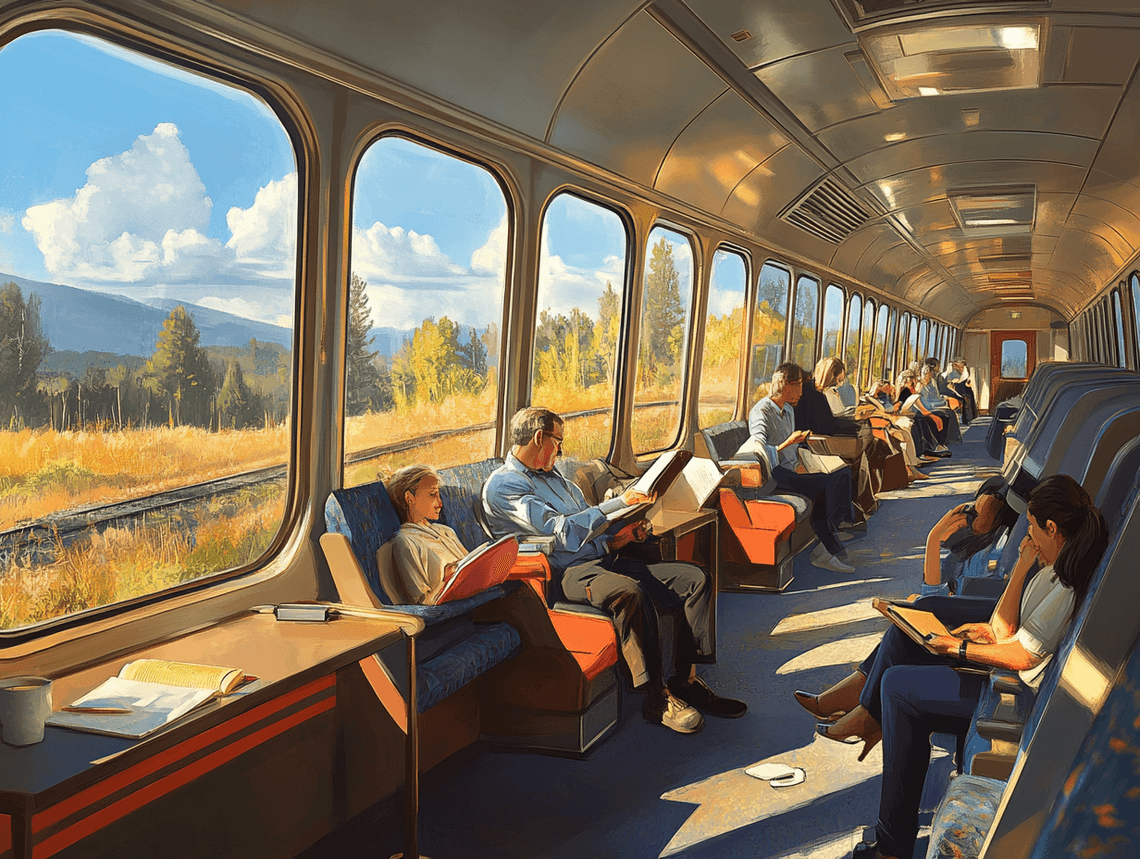Passengers enjoying the view from an Amtrak coach class car