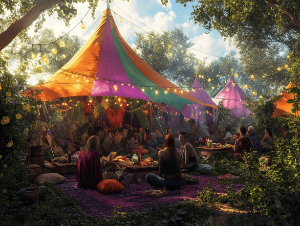 A group of people participating in a yoga session at sunrise, surrounded by lush greenery