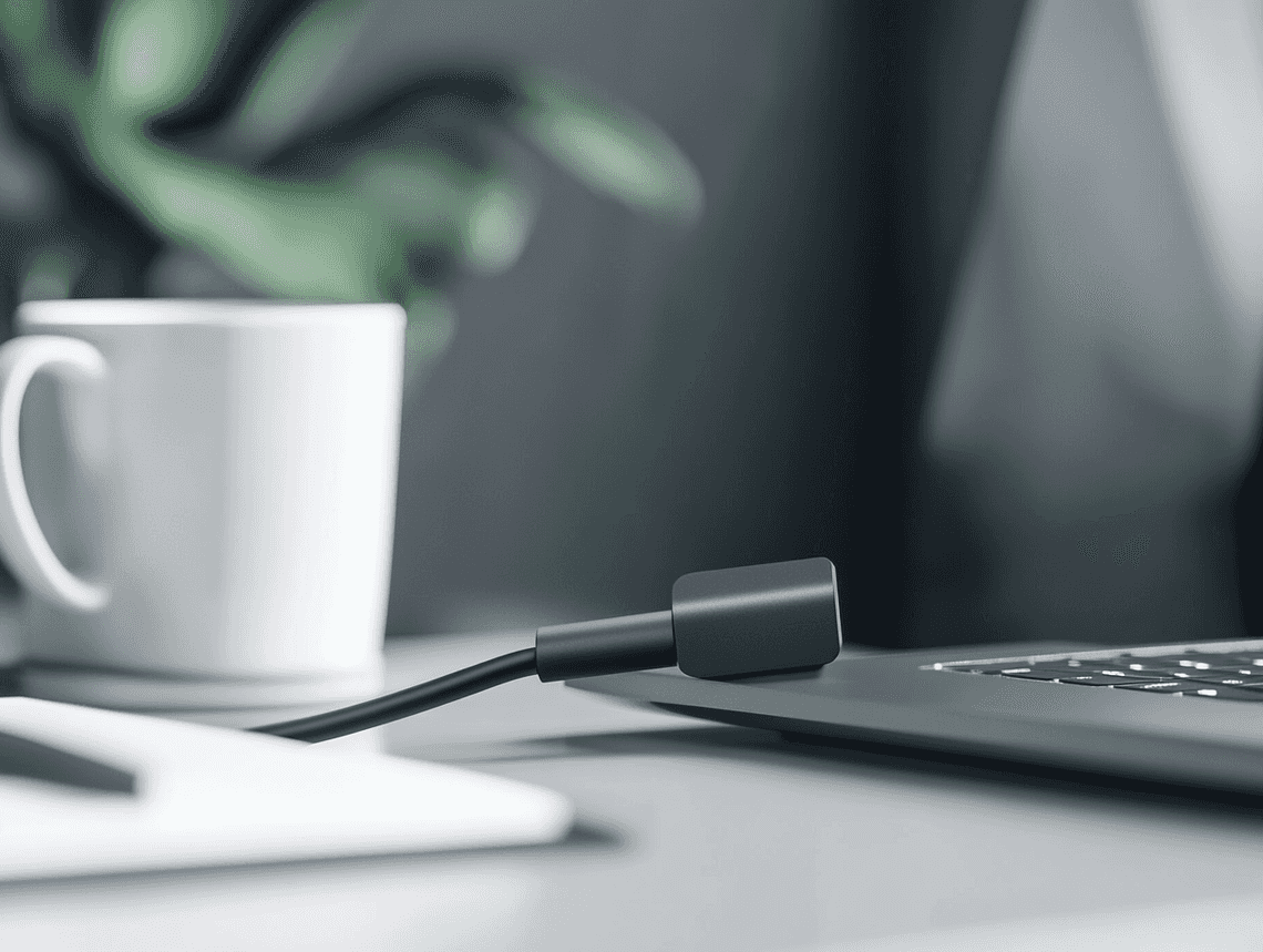 A sleek Anker USB-C charger and cables displayed on a wooden desk