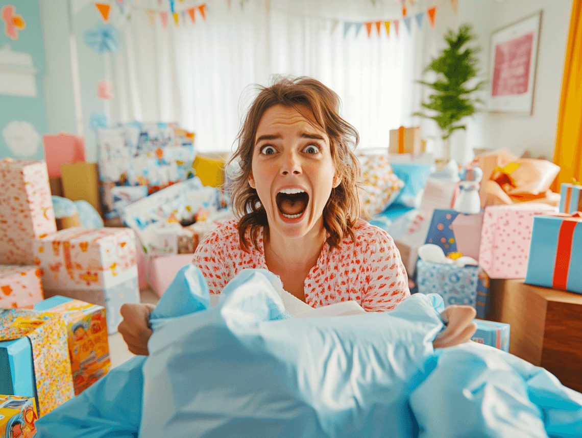 Stacked rolls of toilet paper with a festive background