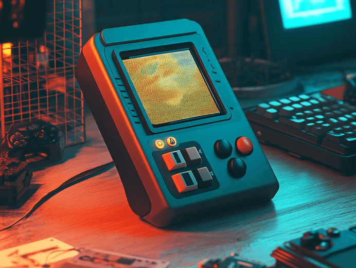 A sleek handheld gaming device with a retro-modern design, featuring a trackball and numpad