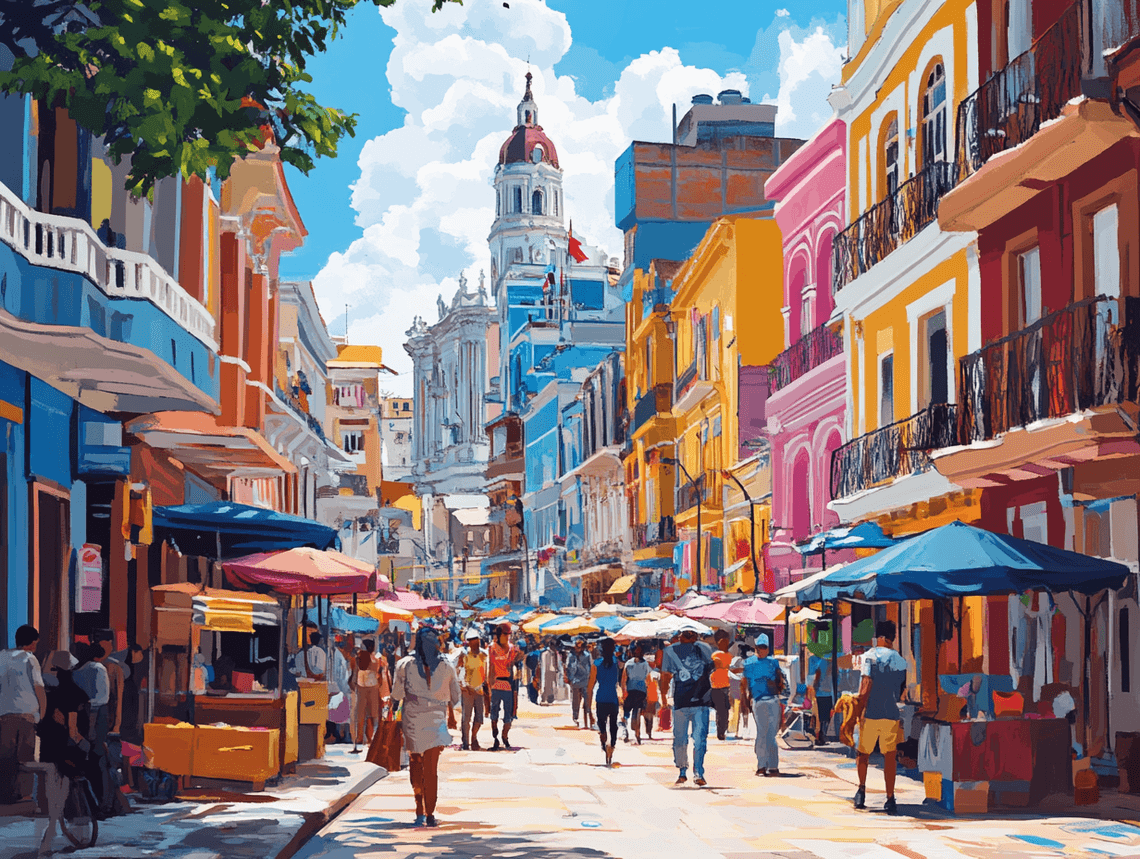 A photo of a bustling street in Guayaquil, showing the vibrant yet tense atmosphere of the city.