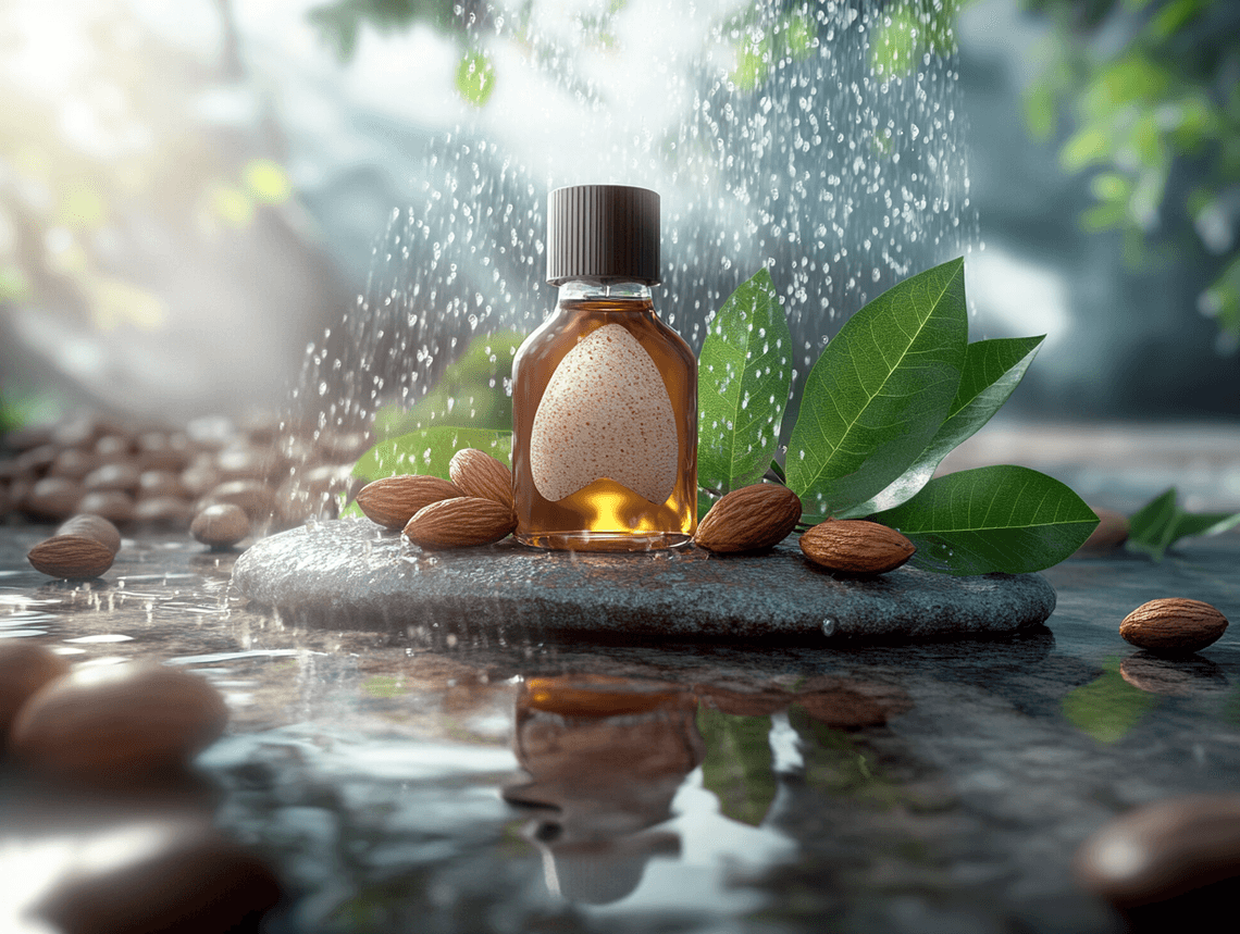 A luxurious bathroom setup with a bottle of shower oil, candles, and a fluffy towel