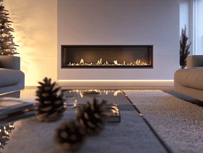 A rustic wood-burning fireplace in a cozy cabin setting