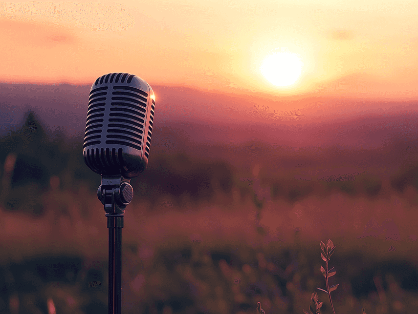 A serene sunset with a vintage microphone symbolizing Brenton Wood's lasting legacy