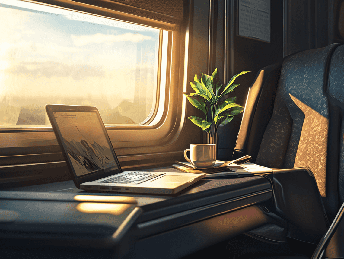 A traveler enjoying a comfortable Amtrak business class seat with a laptop and coffee