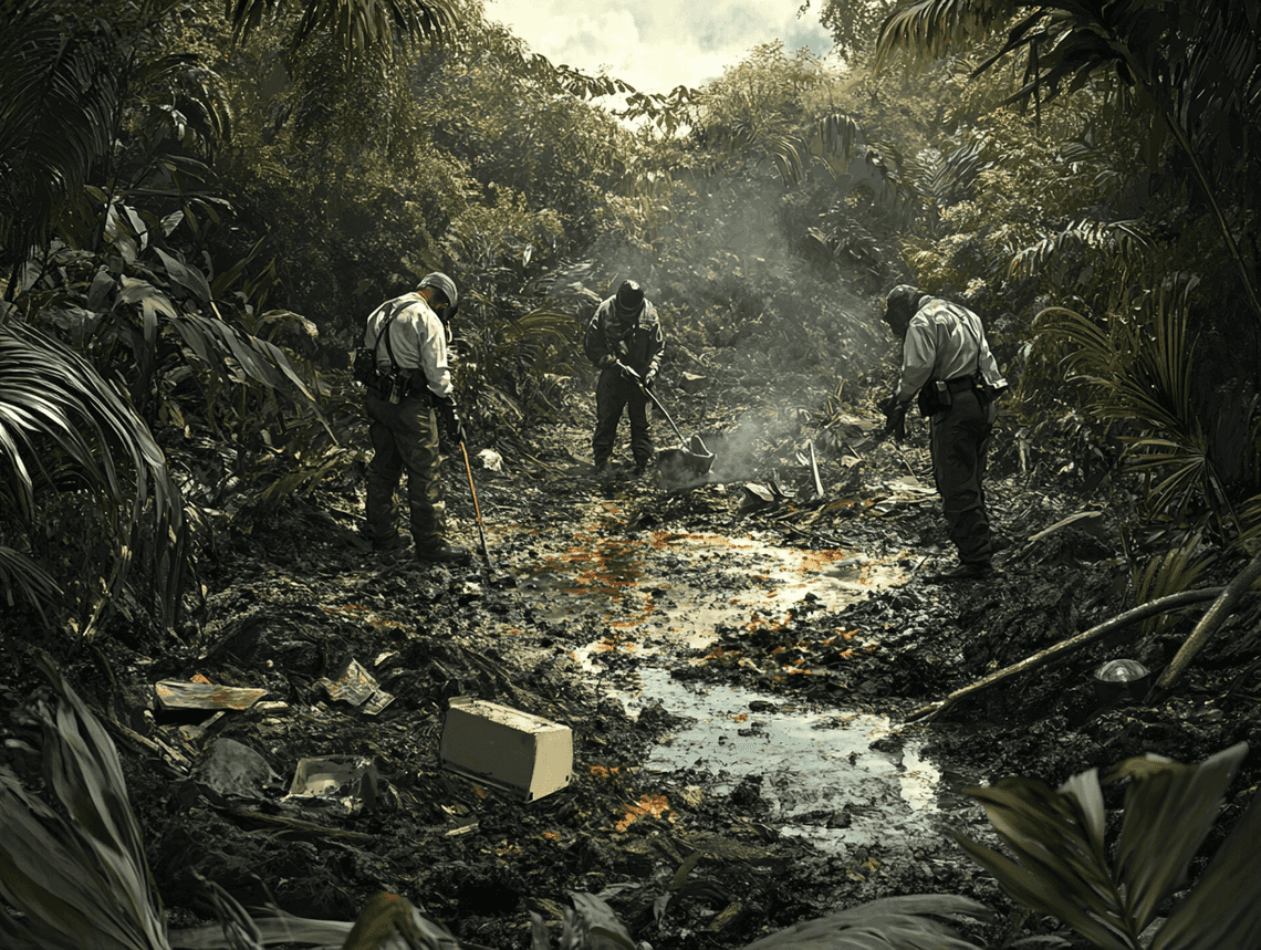 A forensic team investigating a crime scene in a desolate area, symbolizing the ongoing search for justice.