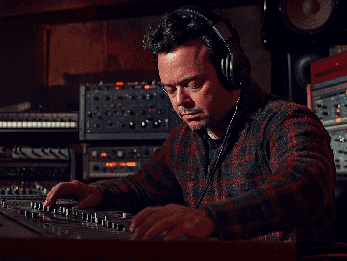 A close-up of Wayne Osmond during a recording session, symbolizing his creative process and passion for music