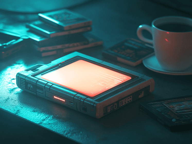 A futuristic handheld gaming console glowing in a dimly lit room