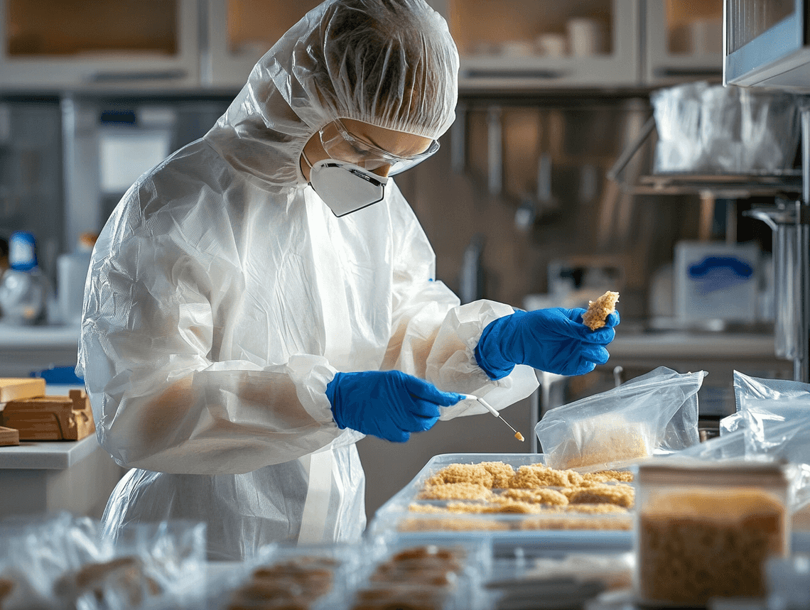 Investigators collect samples from the kitchen for further analysis.
