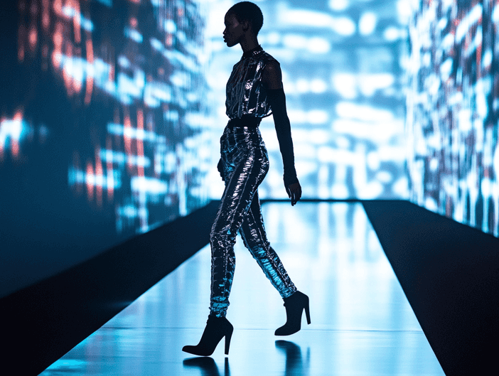A striking runway model showcasing a futuristic outfit
