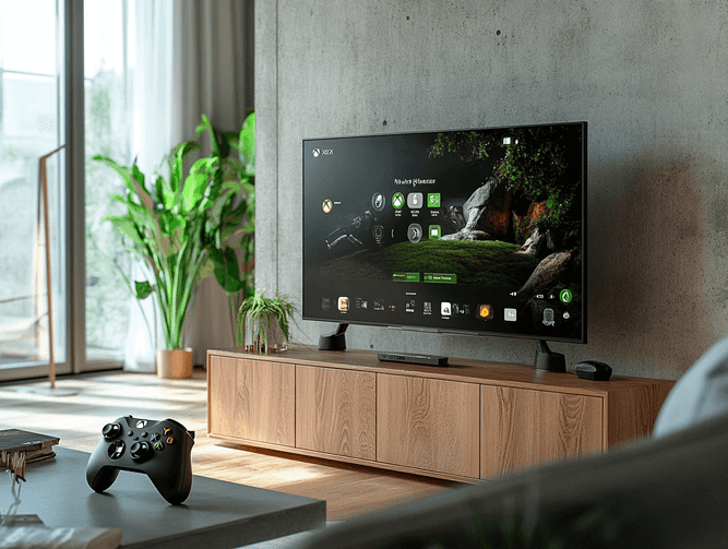 A sleek LG Smart TV displaying the Xbox Cloud Gaming interface, with a controller placed on a modern TV stand