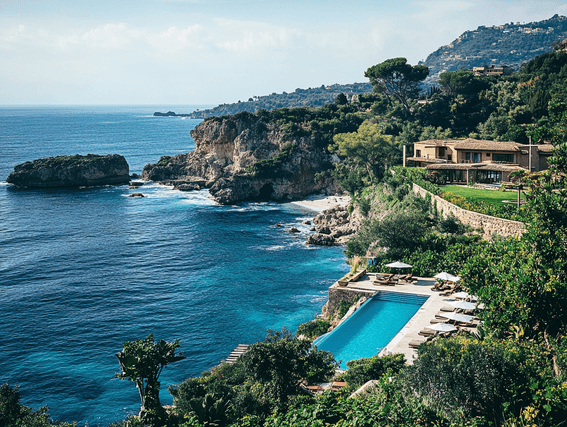 A luxurious hotel in Sicily surrounded by lush greenery and Mediterranean views