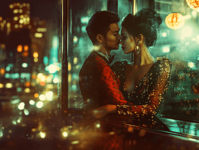 A romantic moment between a stylish couple under city lights