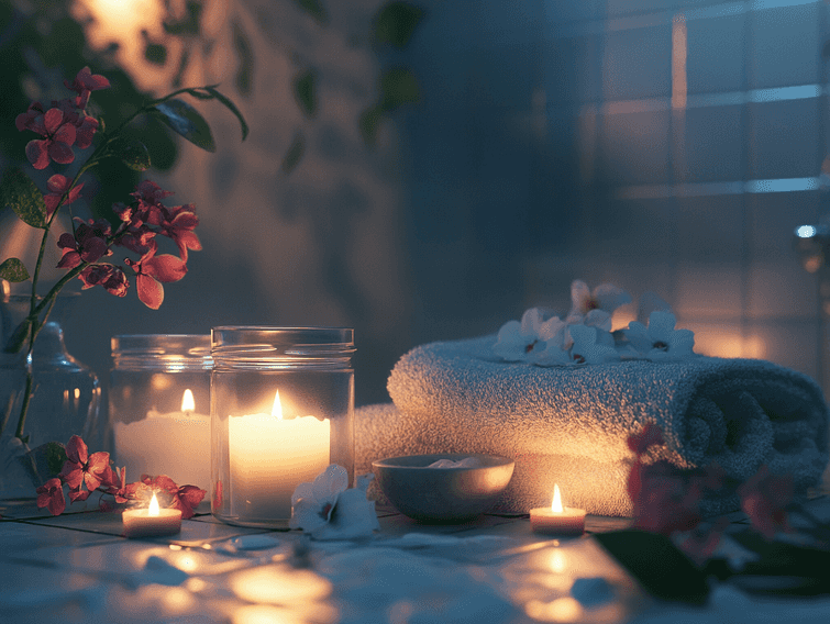 A serene spa setup with a jar of hair mask surrounded by candles and flowers