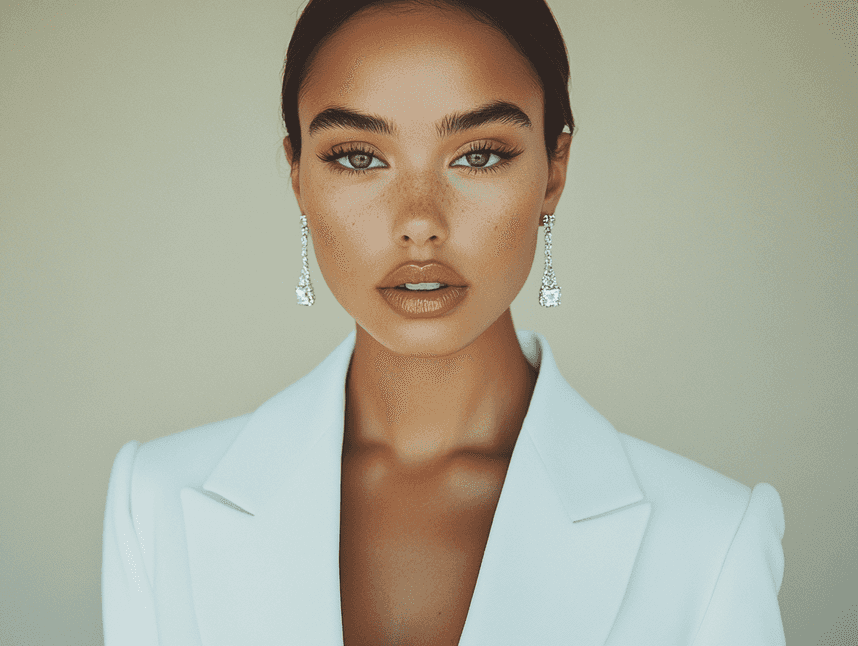 A modern bridal suit with bold accessories and sleek tailoring