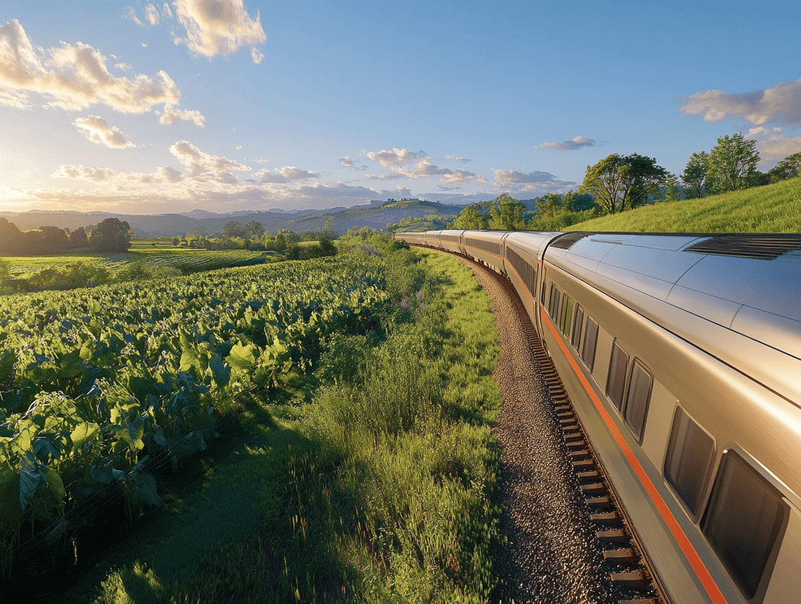 A sleek Amtrak train traveling through a scenic countryside