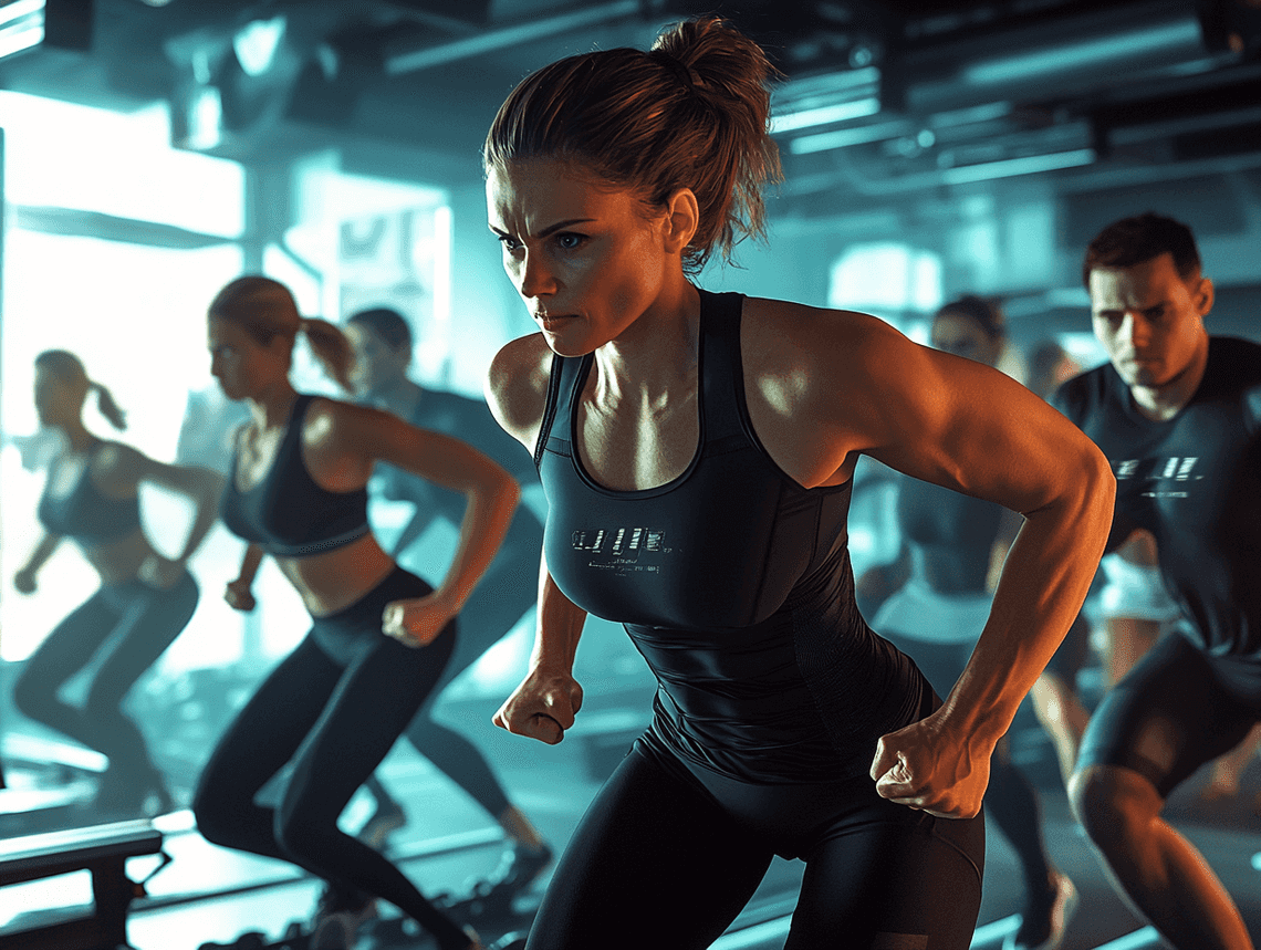 A fitness trainer guiding a group workout session in a sleek studio setting