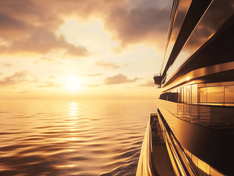 A luxurious cruise ship sailing at sunset