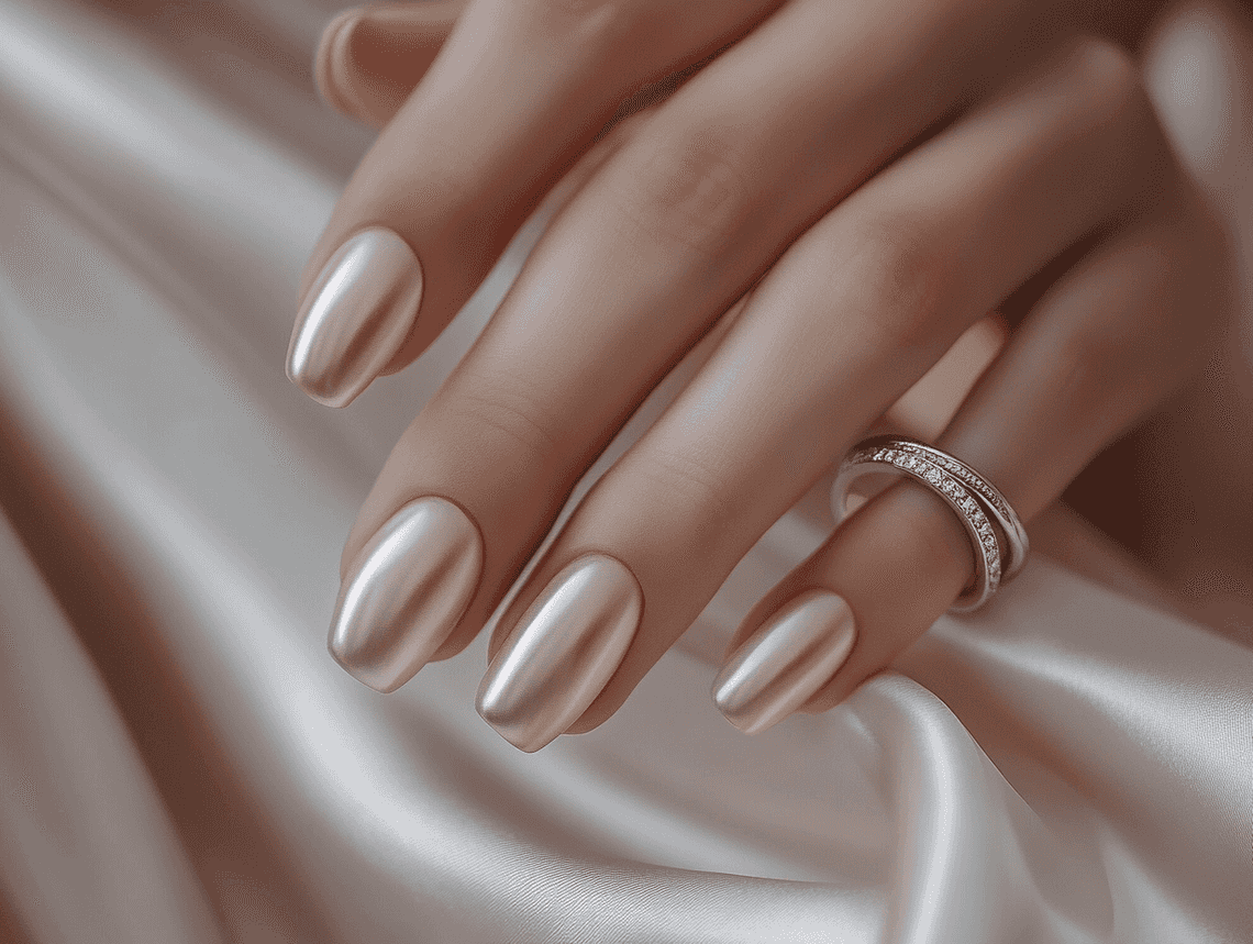 A close-up of a hand with baby pink nails, styled with minimal jewelry