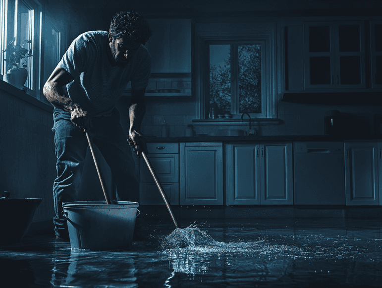 A frustrated homeowner struggling with a traditional mop and bucket