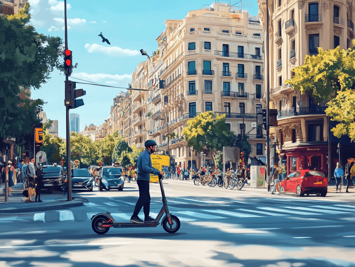 A scenic view of Barcelona with e-scooters parked neatly along a bike lane