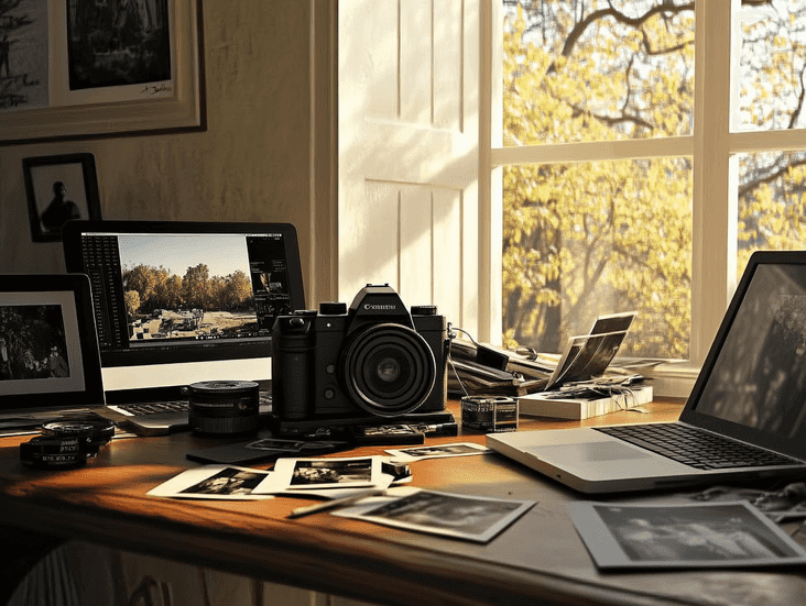 A DSLR camera on a wooden table surrounded by printed photos and editing tools