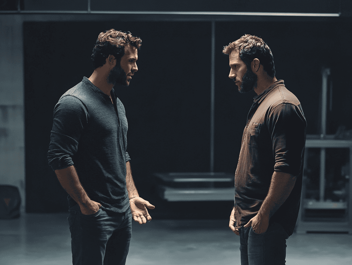 A dramatic Hollywood scene with two actors in conversation, representing tension