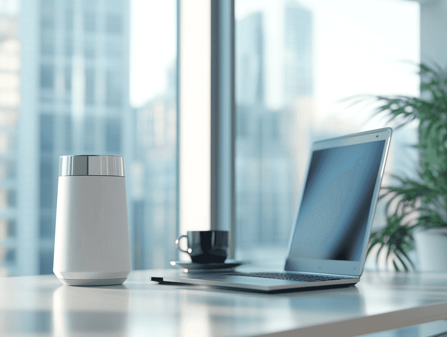 A sleek AI assistant device on a modern desk setup