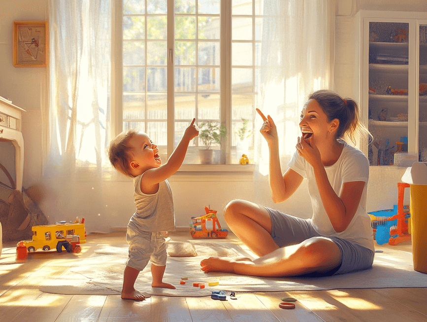 A mom laughing with her child, representing parenting humor