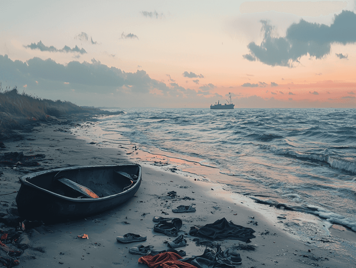 A rescue operation at sea, with migrants being pulled from an overcrowded boat