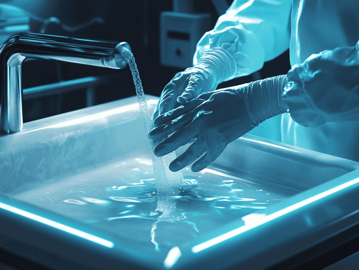 A person disinfecting a kitchen counter to prevent the spread of germs