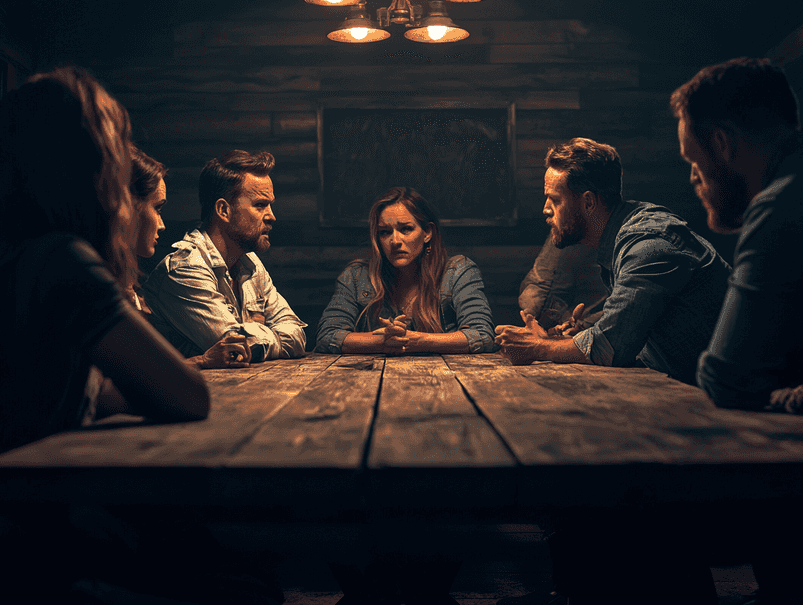 A dramatic scene from a reality TV show with contestants in intense discussion