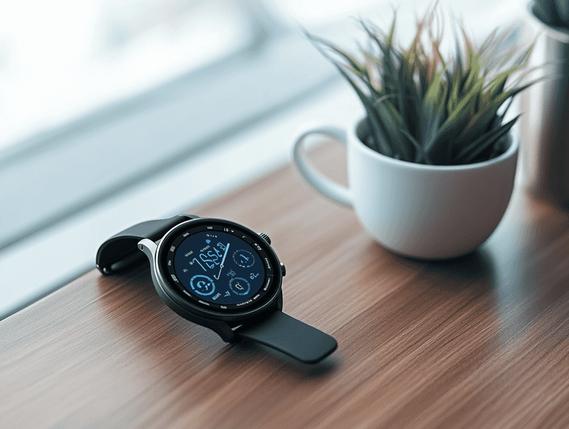 A sleek Samsung Galaxy Watch FE on a wooden table with a fitness tracker screen