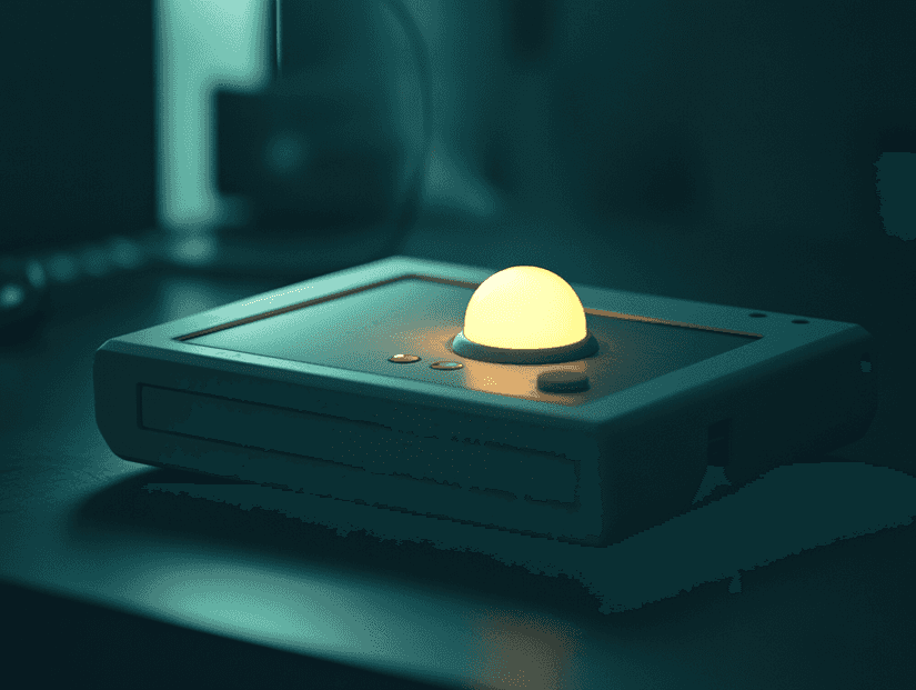 Close-up of a retro-inspired handheld console with a glowing trackball