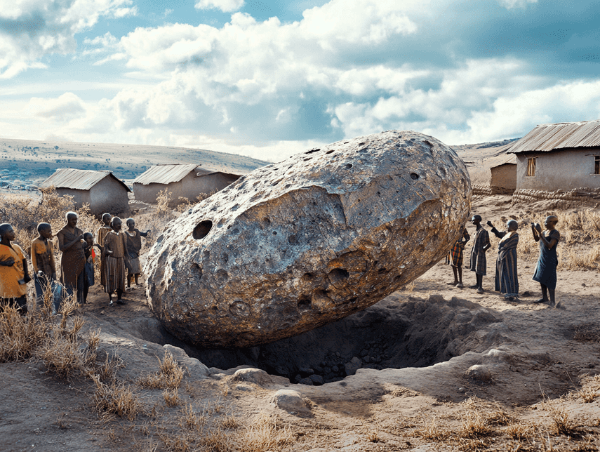 A massive piece of space debris lying in a rural area, surrounded by curious onlookers