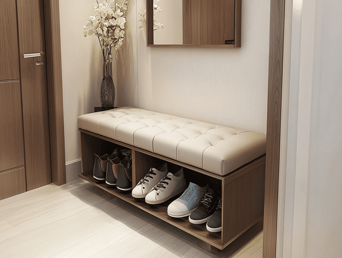 A modern shoe storage bench with seating and storage compartments in a bright, organized entryway