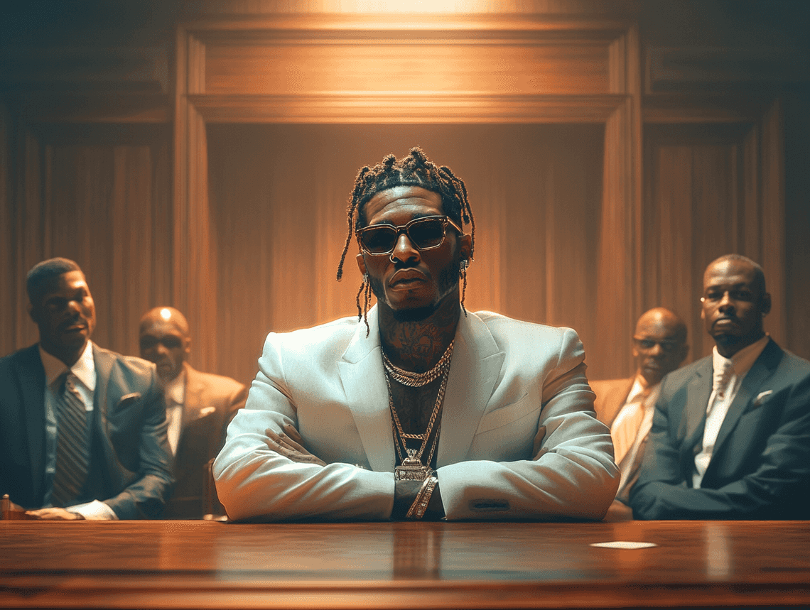 A dramatic close-up of Young Thug performing on stage, with intense lighting and a focused expression