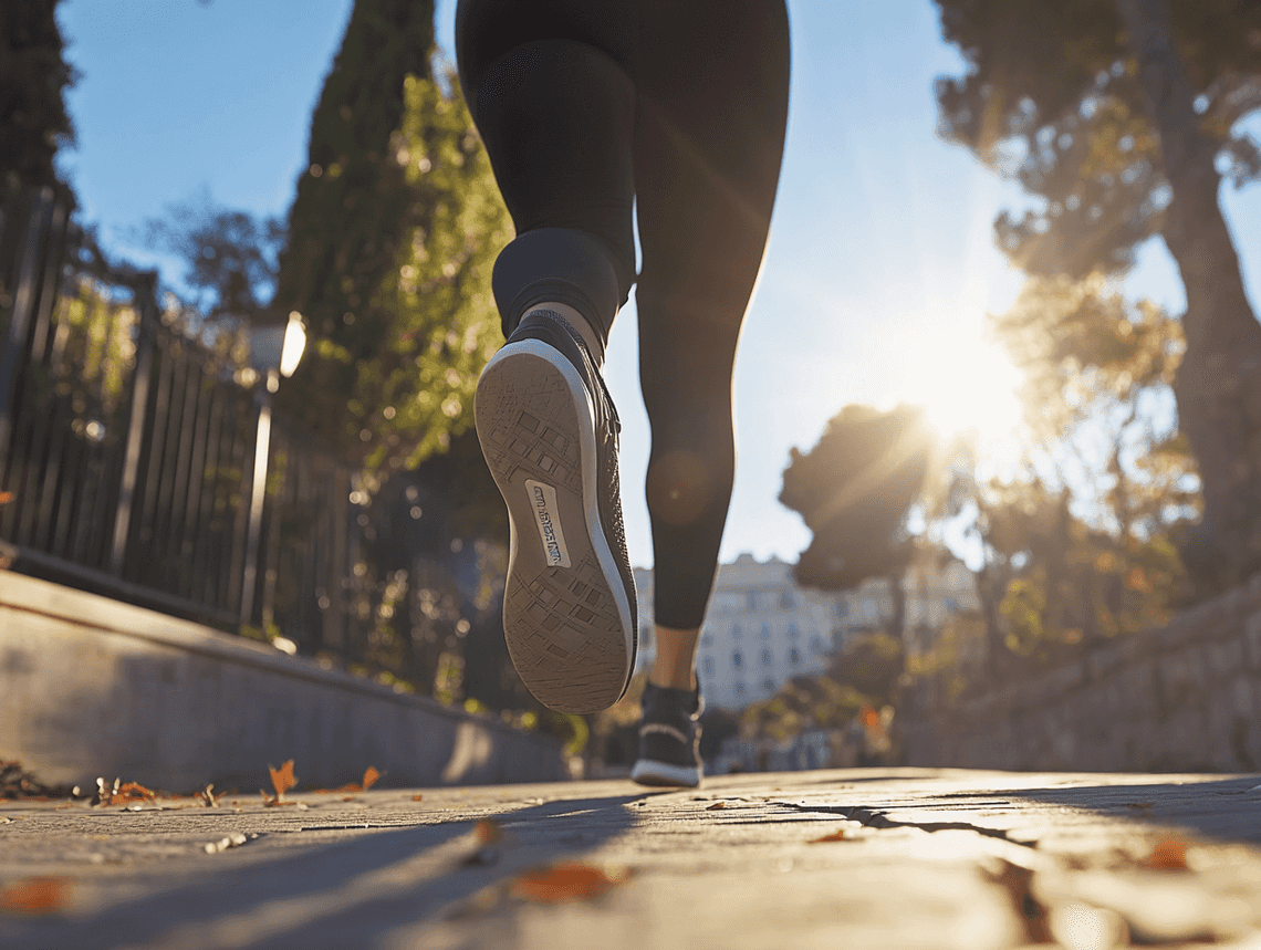 A person jogging outdoors wearing a fitness tracker on their wrist