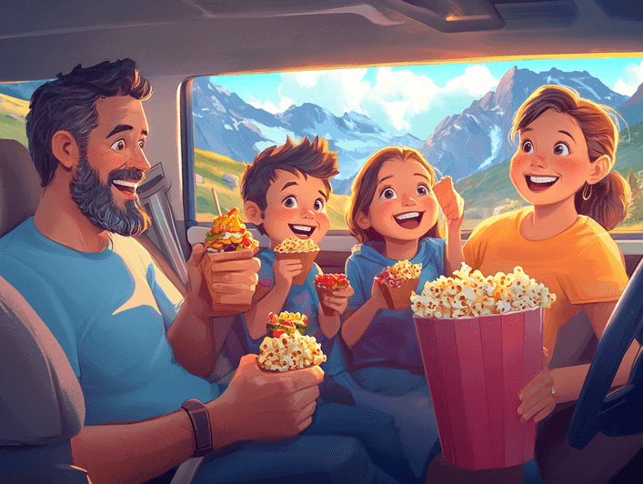 A family enjoying snacks during a road trip, sitting in a car with a scenic view