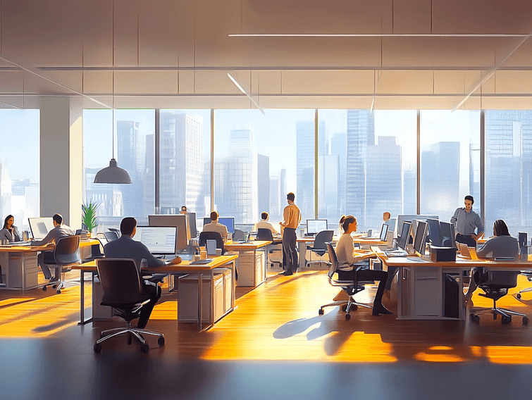 A bustling office environment with employees working at desks