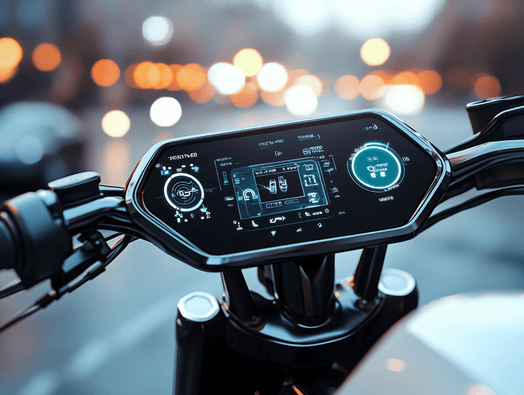 A rider on a futuristic electric motorcycle speeding through a cityscape at night
