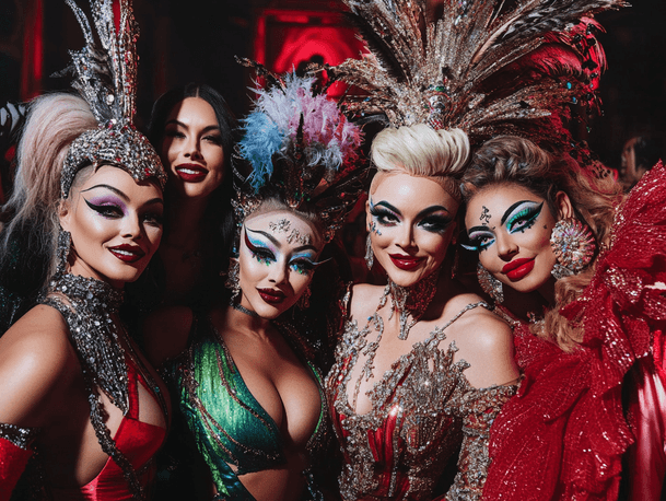 A vibrant stage with drag queens performing in colorful outfits