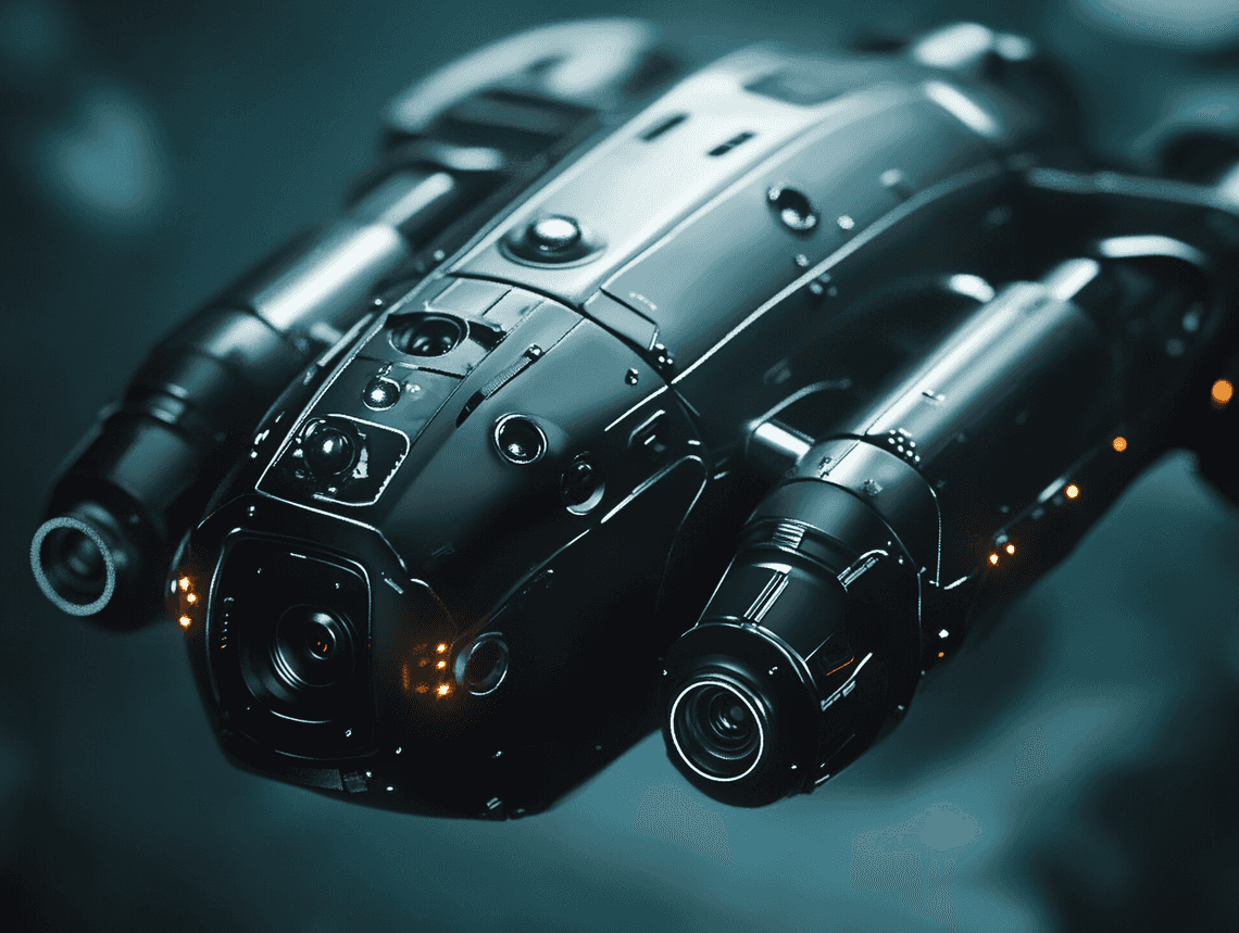 A close-up view of an underwater drone with advanced sensors and cameras