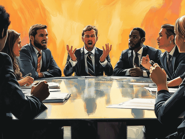 A diverse group of business professionals in a heated discussion