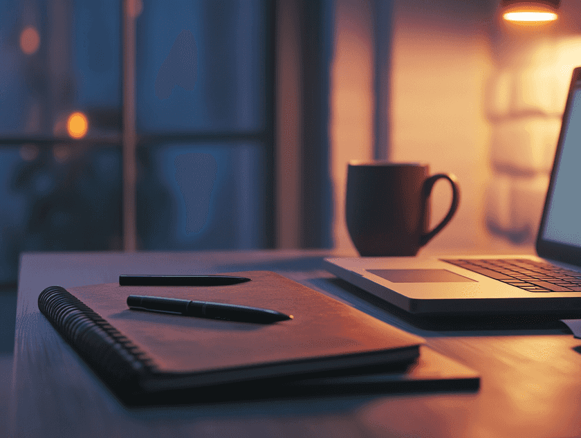 A professional workspace featuring a smart pen, laptop, and coffee mug