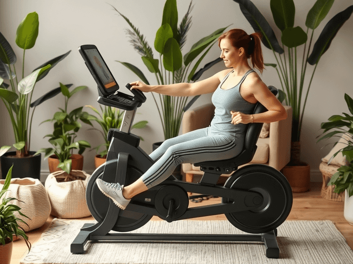 A person using an exercise bike at home