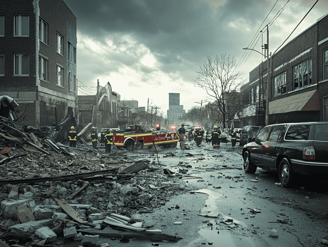 Emergency responders gathered at a central city location, with flashing lights illuminating the scene