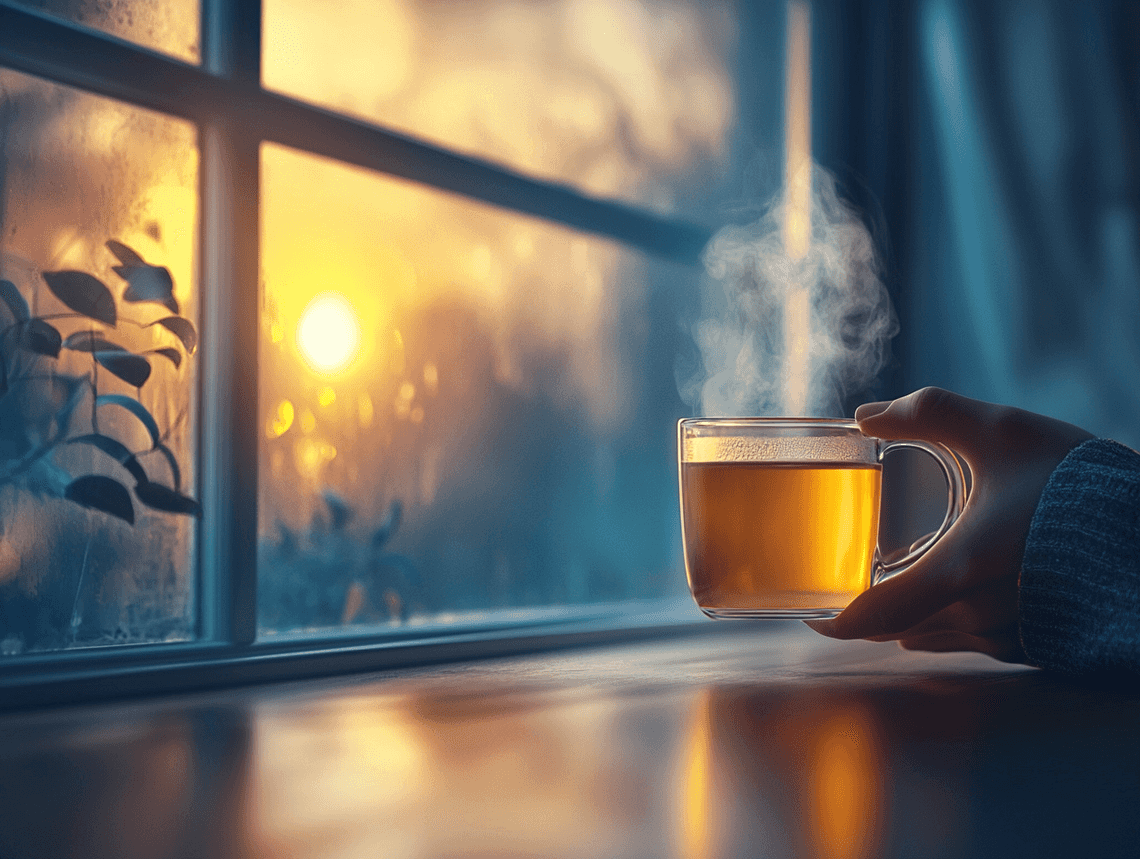 A person holding a wine glass with a questioning expression