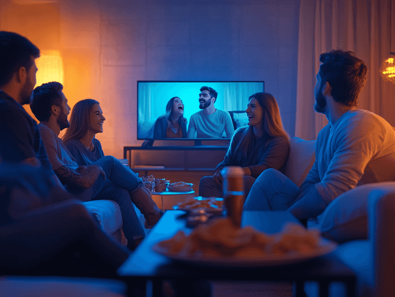 A cozy living room setup with a TV displaying Amazon Prime Video